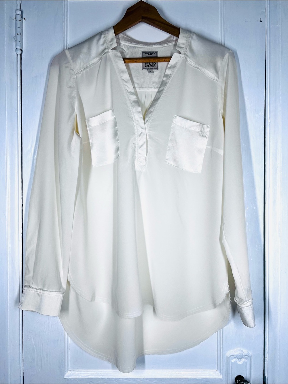 Vintage GO by GoSilk 100% Silk Mixed Texture V-Neck Tunic Blouse Ivory White M